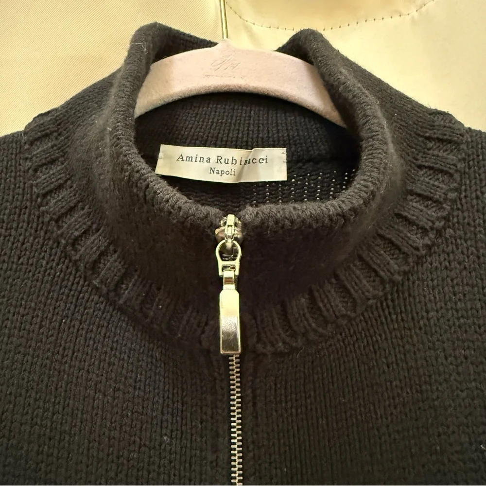 Amina Rubinacci Italy Black Knit Zip Jacket Cardigan Quiet Luxury Minimalist 42